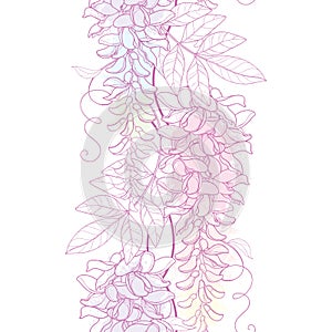 Vector seamless pattern with outline Wisteria or Wistaria flower bunch, bud and leaf in pastel pink and purple on the white.