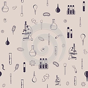 Vector seamless pattern with outlines of microscope, flasks, test tubes, pipettes and bacteria. For web, logo, app, UI