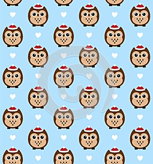 Vector seamless pattern of owl in hat and hearts