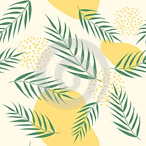 Vector seamless pattern with palm leaves. Abstract floral summer yellow background for print design, wallpaper