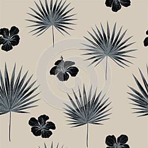 Vector seamless pattern of palm leaves and sugarbush. Hand drawn vector illustration photo
