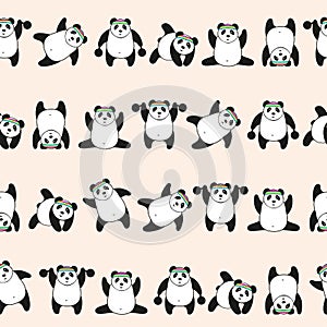 Vector seamless pattern Panda sports.Cute bear in different poses cartoon design