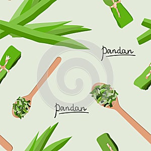 Vector seamless pattern of pandan leaves, shredded spices in wooden spoon and wrapped leaves photo
