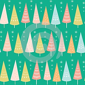 Vector seamless pattern of pastel Chrismas trees and stars. Surface pattern design background ideal for Christmas