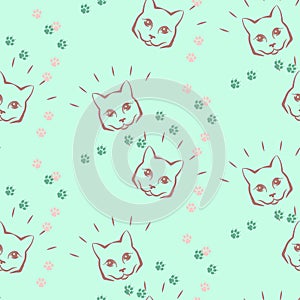 Vector seamless pattern with paw footprints, cat`s heads and fish. Cute hand drawn steps and snouts drawn with watercolors. Brigh