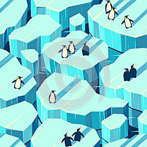 Vector seamless pattern with penguins on ice