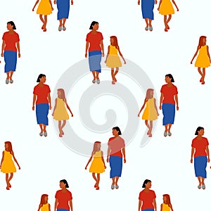Vector seamless pattern with people walking on the street. Colorful background with tiny people