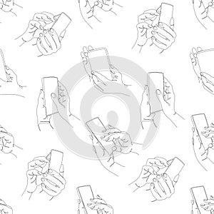 Vector seamless pattern phones in hands. Messages in messengers, social network, smartphone payments, e-mail. Hand drawn