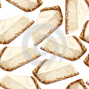 Vector seamless pattern piece of cheesecake cake with airy and tender, delicate creamy-curd cheese. Crisp and crumbly cake with