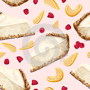 Vector seamless pattern piece of scattered ripe raspberry, oranges pieces, cheesecake cake, airy, tender, tasty creamy