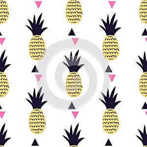 Vector seamless pattern with pineapples and triangles. Cute summer fruit background.