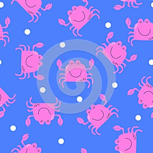 Vector seamless pattern with pink crabs on blue background