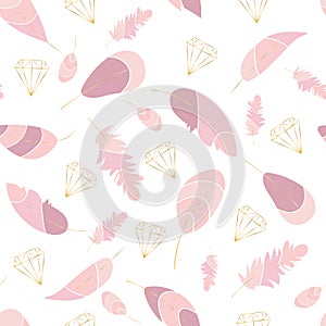 Vector seamless pattern with pink feathers and gold contours of crystals,diamonds. Soft colored print. Stylish,trendy, elegant des