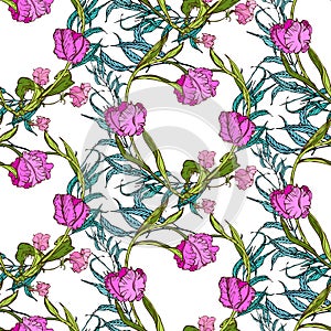 Vector seamless pattern with pink flowers and blue leaves