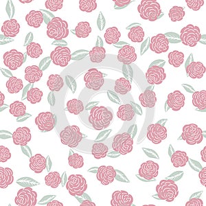 Vector seamless pattern with pink flowers on white background