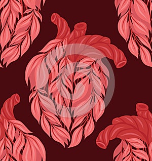 Vector seamless pattern with pink human hearts made of leaves on dark background. Healthy organ transplant. Eco friendly lifestyle