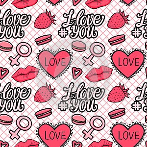 Vector seamless pattern pink love with symbol male and female. Hand drawn elements isolated on white