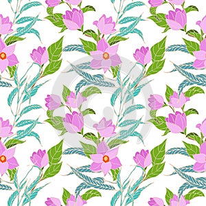 Vector seamless pattern with pink magnolia flowers