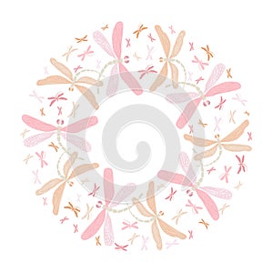 Vector seamless pattern with pink and orange dragonflies on a light background.