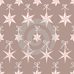 Vector seamless pattern with pink origami star Christmas ornaments hanging on ribbons with bows on taupe background. Fun