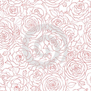 Vector seamless pattern with pink rose flowers and leaves outline on white background. Vintage floral ornament