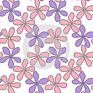 Vector seamless pattern with pink and violet petal spring flower blossom, illustration abstract flora drawing on white background