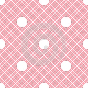 Vector seamless pattern. Pink with white fishnet tights background. White polka dot ornament.