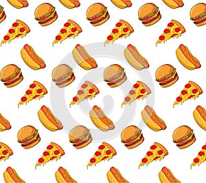 Vector seamless pattern of pizza, hot dog and burger.