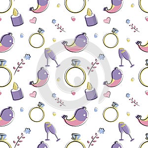 Vector seamless pattern of plane elements. Romance, love, wedding