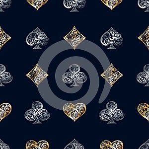 Vector seamless pattern with Playing Card suits symbols made by floral elements. Vintage illustration in golden, silver and black