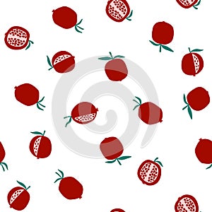 Vector seamless pattern with pomegranate fruits in cartoon flat style on white background. Fresh colorful fruit