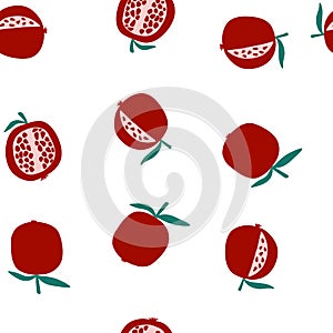 Vector seamless pattern with pomegranate fruits in cartoon flat style on white background. Fresh colorful fruit