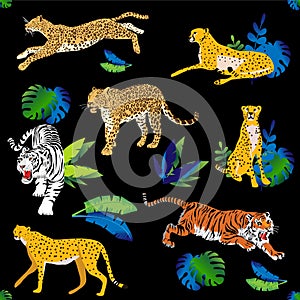 Vector seamless pattern with predatory wild cats, tigers, leopards, cheetahs.