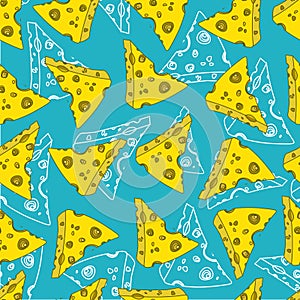 Vector seamless pattern,print with  pieces of cheese. Fine, colorful design.