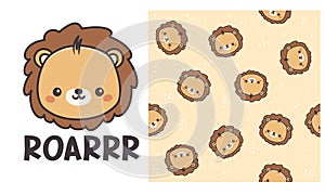 Vector seamless pattern and print for printing on clothing. Cute lion cub, Roar Lettering. Faces of a cute little lion