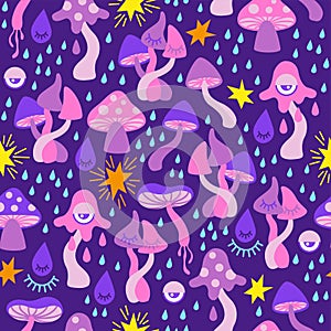 Vector seamless pattern of psychedelic neon mushrooms. Crazy mushrooms. Stylized mushrooms in neon pink and purple