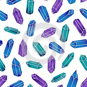 Vector seamless pattern with purple, green and blue crystals on the white background. Gemstones