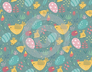Vector seamless pattern with rabbits, chicken and flowers.