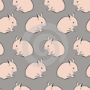 Vector seamless pattern with rabbits and hares of pink color on a gray background. Design for wallpaper, textiles