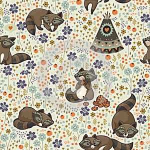 Vector seamless pattern with raccoons in cartoon