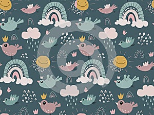 Vector seamless pattern with rainbow, birds, clouds, sun, raindrop. Childish texture for fabric, textile, apparel.