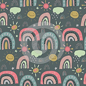 Vector seamless pattern with rainbow, clouds, sun, raindrop. Childish texture for fabric, textile, apparel.
