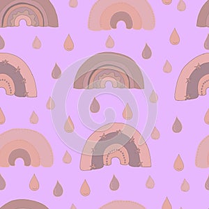 vector seamless pattern of rainbow and drops in dusty pink and beige tones. Trendy background, wallpaper, for fabrics, textiles,