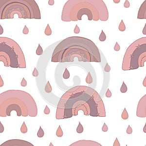 vector seamless pattern of rainbow and drops in dusty pink and beige tones. Trendy background, wallpaper, for fabrics, textiles,