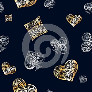 Vector seamless pattern with rambling Playing Card suits symbols made by floral elements