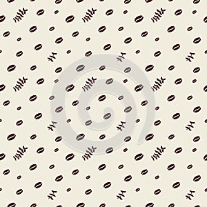 Vector seamless pattern with random coffee beans and large and small leaves.