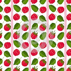 Vector seamless pattern with raspberries, stripes. Summer background, wallpaper.