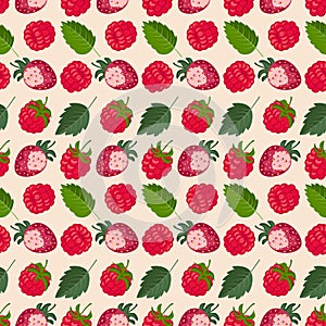 Vector seamless pattern with raspberry, strawberry. Summer background, wallpaper
