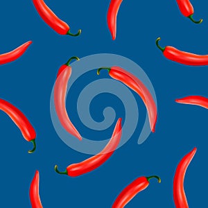 Vector seamless pattern with realistic red hot natural chili peppers on a blue background. EPS10.