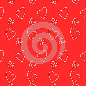 Vector seamless pattern red. Background illustration, decorative design for fabric or paper, hearts and flowers. Ornament modern